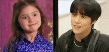 a little girl making a funny face next to a man with a backpack