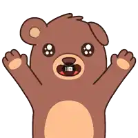 a cartoon bear with its arms outstretched and a video playing on its mouth