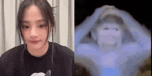 a woman in a black shirt is sitting next to a picture of a person with their hands on their head .