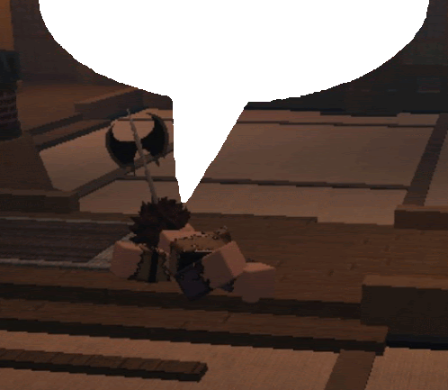 a person in a video game with a white speech bubble above them