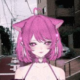 a girl with pink hair and cat ears stands in front of a street with chinese writing on it