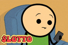 a cartoon character is sitting in a chair and holding a cell phone in front of a sign that says lotto