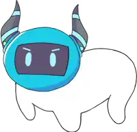 a cartoon drawing of a blue robot with horns on its head