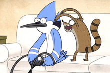 a regular show cartoon shows a bird and a raccoon playing a video game