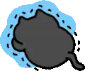 a cartoon drawing of a black cat laying on its back in the water .