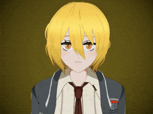 a girl with yellow hair is wearing a suit and tie with the letter r on the pocket