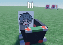 a drawing of a boy with the word hi on it