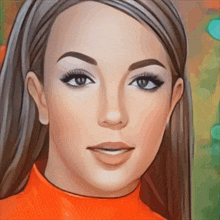 a close up of a woman 's face with an orange shirt on