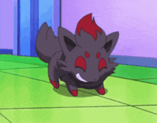 a black pokemon with red eyes is walking on a tiled floor
