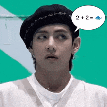 a man wearing a black beret has a speech bubble that says " 2 + 2 = "