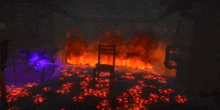 a dark room with a chair in the middle of it