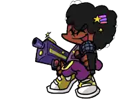 a cartoon character is holding a gun and a microphone