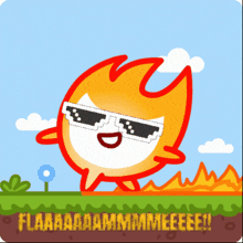a cartoon illustration of a fire wearing sunglasses and the words flaaaaaammmeeee