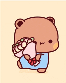 a teddy bear in a blue dress is holding a bouquet of flowers