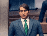 a man in a suit and tie with glasses stands in front of a microphone