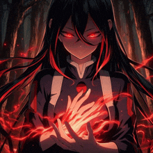 a girl with long black hair and red eyes is holding a red flame in her hands