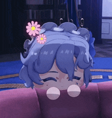 a cartoon character with blue hair and pink flowers on her head