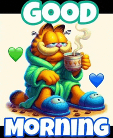 garfield is wearing a bathrobe and slippers and holding a cup of coffee ..
