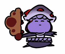 a cartoon drawing of a purple monster holding a large piece of pizza