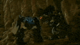 a robot with a sword is standing on a rocky hillside