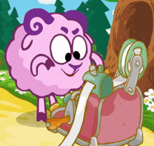 a cartoon sheep is playing with a pink toy car
