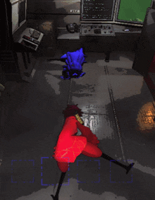 a video game screen shows a red fox laying on the floor in front of a monitor that says peyo