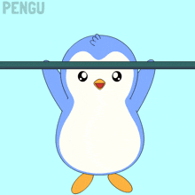 a blue and white penguin hangs upside down on a bar with the word pengu above it