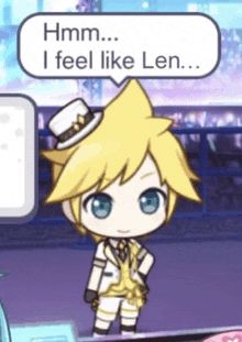 a little boy in a top hat says hmm ... i feel like len ...