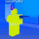 a yellow roblox character wearing a birthday hat and holding a gun .