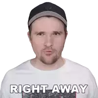 a man wearing a hat and a white shirt with the words right away written on it