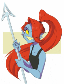 a drawing of a girl with red hair and a spear in her hand