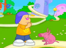 a cartoon of a boy and a pink dog