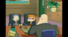 a cartoon of a man in a suit sitting at a table with two cartoon characters and a clock that says 7:56