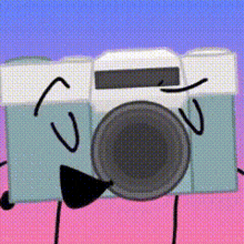 a cartoon drawing of a camera with a bow tie and sunglasses on a pink and blue background .