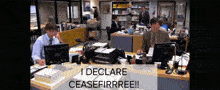a sign that says " i declare ceasefirrree " in front of an office