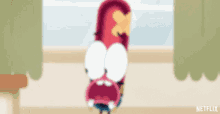 a cartoon character is standing in front of a window with a surprised expression on his face .