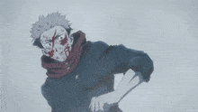 a cartoon character with blood on his face is shown