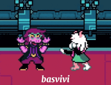 a pixel art drawing of a man and a girl with the word basvivi in the corner