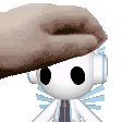 a hand is petting a white robot with headphones on .