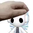 a hand is petting a white robot with headphones on .