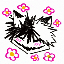 a black and white drawing with pink and yellow flowers surrounding it