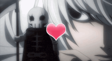 a skeleton with a scythe and a heart in front of it