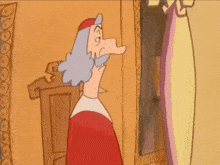 a cartoon character with gray hair and a red hat is standing in front of a mirror .