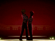 a couple of anime characters are standing next to each other in front of a red background .