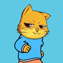 a cartoon cat wearing a blue sweater has a fist in his right hand