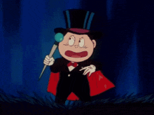 a cartoon character is holding a glowing object in a dark room