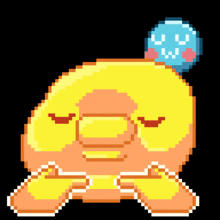 a pixel art drawing of a duck with a balloon on its head