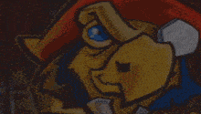 a cartoon of a pirate with a red hat and blue eyes