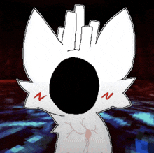 a drawing of a white cat with a black circle in the middle of its face