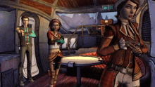 a man and two women are standing in a room with a sign that says " exit "